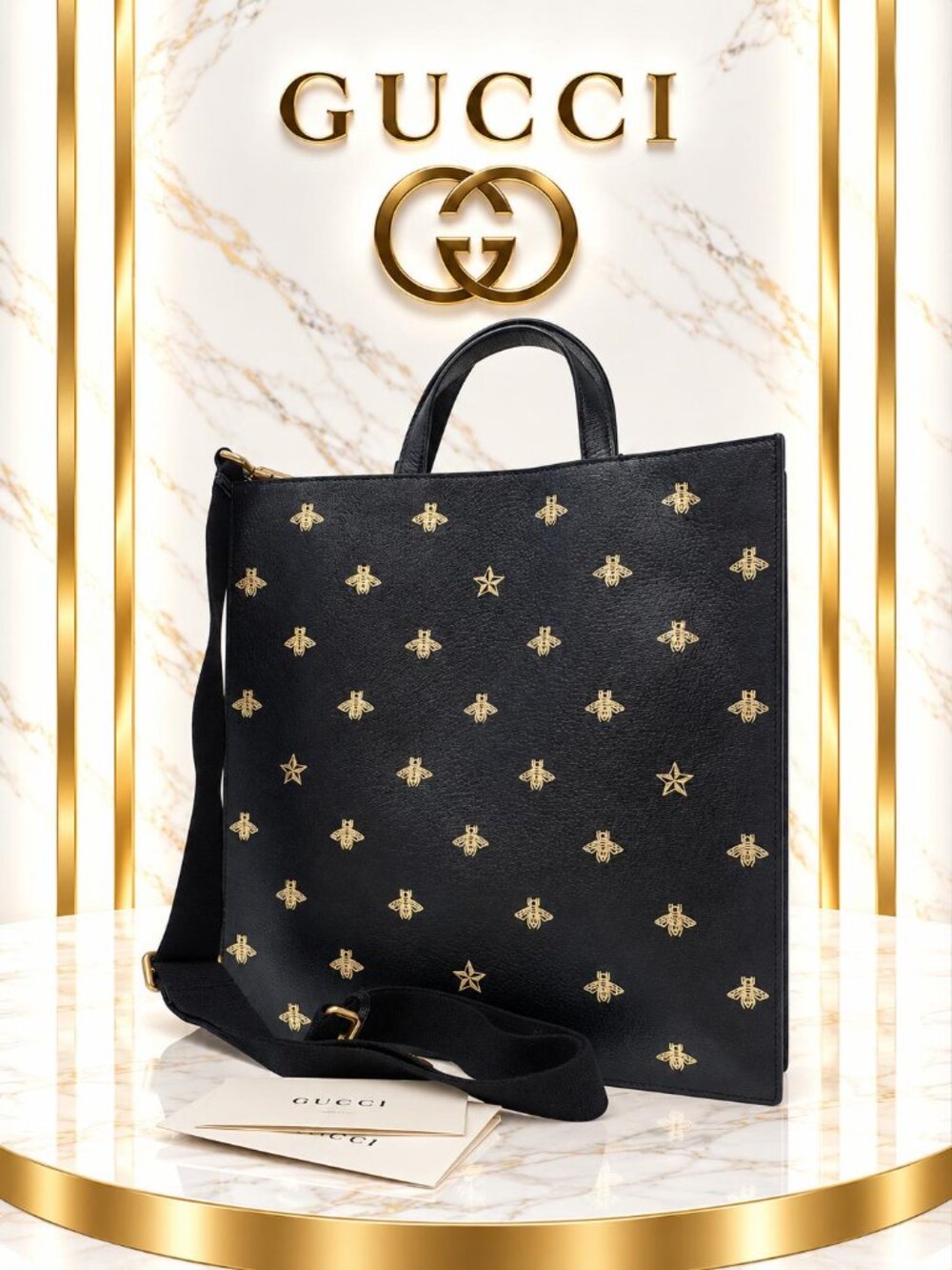 Authentic Gucci Bee Star Black Leather Tote Bag Gold Embroidered Crossbody